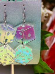 Iridescent Dice Earrings - Gambling Dominoes Shakers Bones Craps Casino Bet Las Vegas Gaming Lasercut Reflective Rainbow Dangle