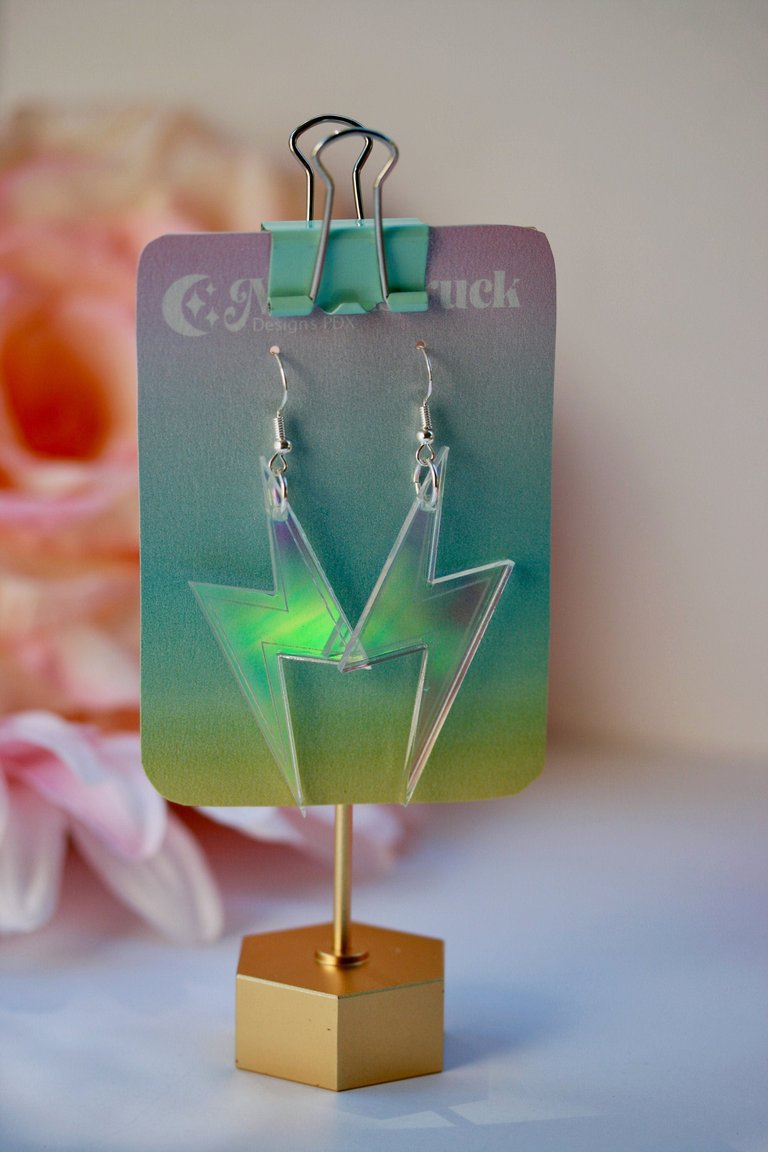 Lightning Bolts Storm Weather Jem Emoji Lasercut Iridescent Reflective Rainbow Dangle Earrings - Multi