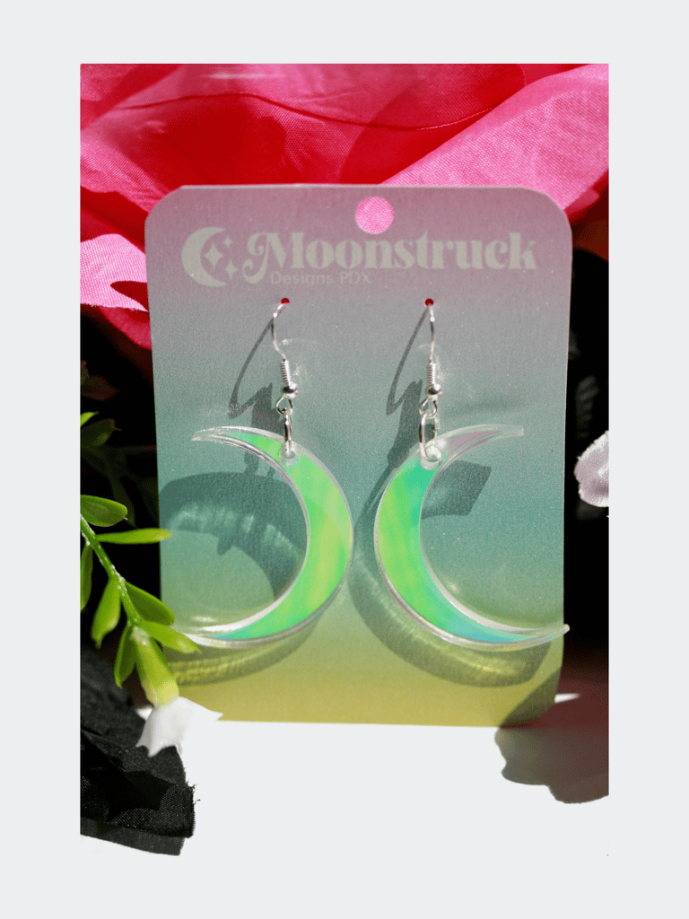 Moon Earrings- Crescent Luna Lunar Celestial Planet Wiccan Witchy Goth Lasercut Holo Mirrored Yellow Gold Iridescent Rave Reflective Rainbow