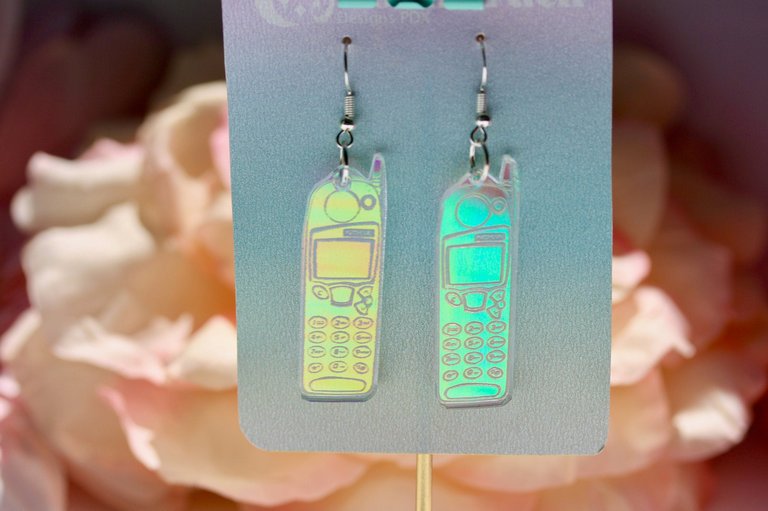 Phone Earrings - Cell GSM T9 Snake Game Mobile Phone Retro Vintage Tech 5110 Nostalgic 90s Iridescent Lasercut Reflective Holographic - Multi Color