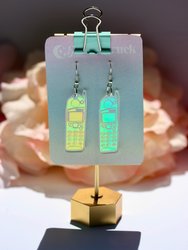 Phone Earrings - Cell GSM T9 Snake Game Mobile Phone Retro Vintage Tech 5110 Nostalgic 90s Iridescent Lasercut Reflective Holographic