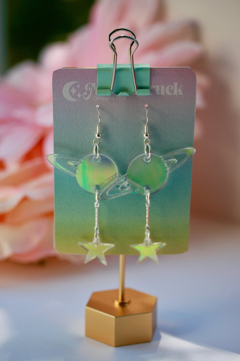 Saturn Earrings- Sky Celestial Earth Cosmic Solar System Planet Globe Blackhole Star Holo Lasercut Iridescent Reflective Rainbow Earrings - Blue Green