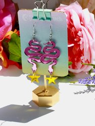 Snake Earrings - Reflective Pink Teal Green Yellow Star Sunburst Tropical Witchy Goth Seapunk Serpent Reptile Festival Rave Sterling Silver - Pink