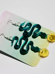 Snake Earrings - Reflective Pink Teal Green Yellow Star Sunburst Tropical Witchy Goth Seapunk Serpent Reptile Festival Rave Sterling Silver