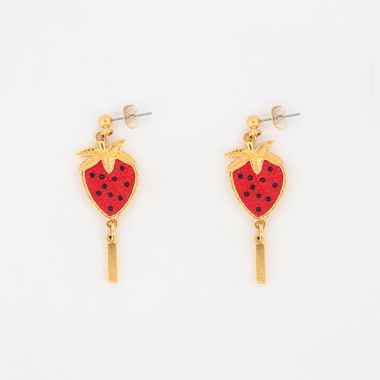 This Fruta Fruits Small Stawberry With Spear Earrings - Gold