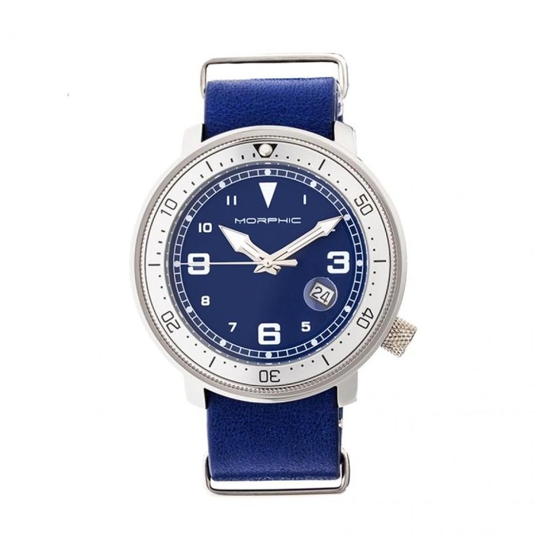 M58 Series Nato Leather-Band Watch With Date - Silver/Blue