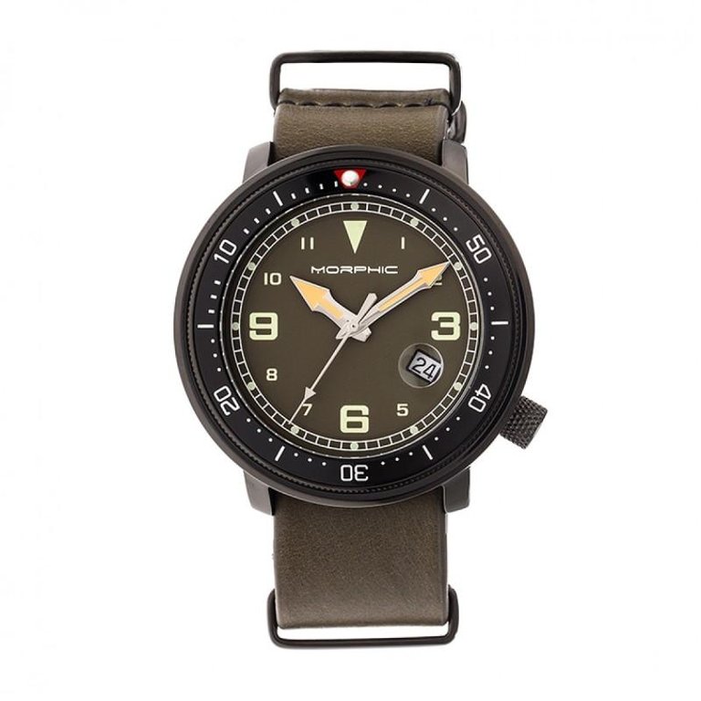M58 Series Nato Leather-Band Watch With Date - Black/Olive