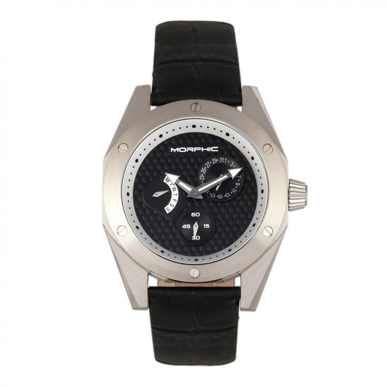Morphic M46 Series Leather-Band Men's Watch w/Date - Silver/Black