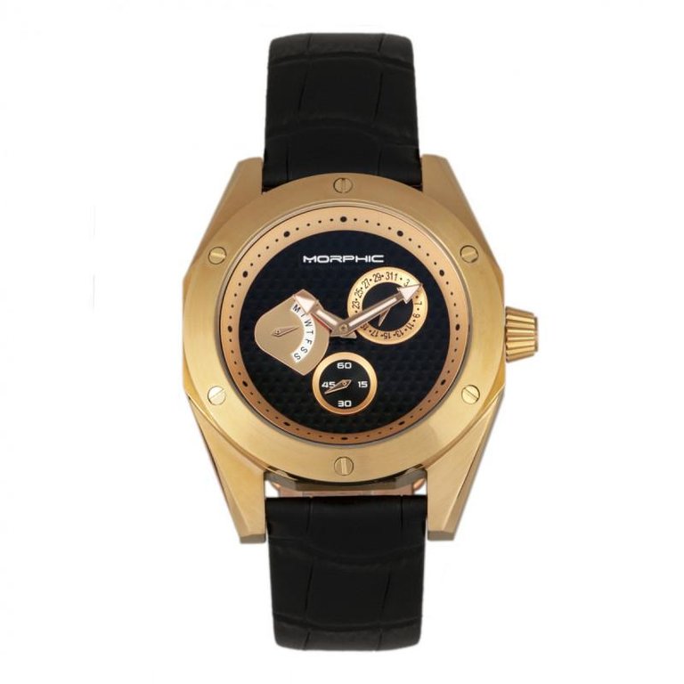 Morphic M46 Series Leather-Band Men's Watch w/Date - Gold/Black