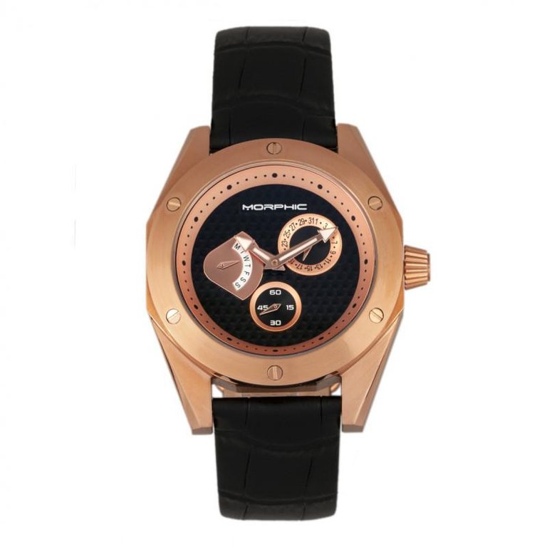 Morphic M46 Series Leather-Band Men's Watch w/Date - Rose Gold/Black