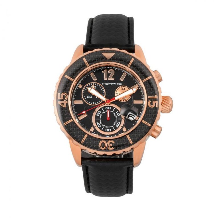 Morphic M51 Series Chronograph Leather-Band Watch w/Date - Rose Gold/Black