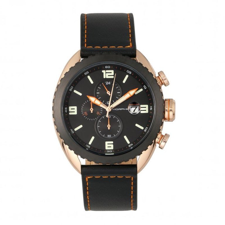 Morphic M64 Series Chronograph Leather-Band Watch w/ Date - Rose Gold/Black