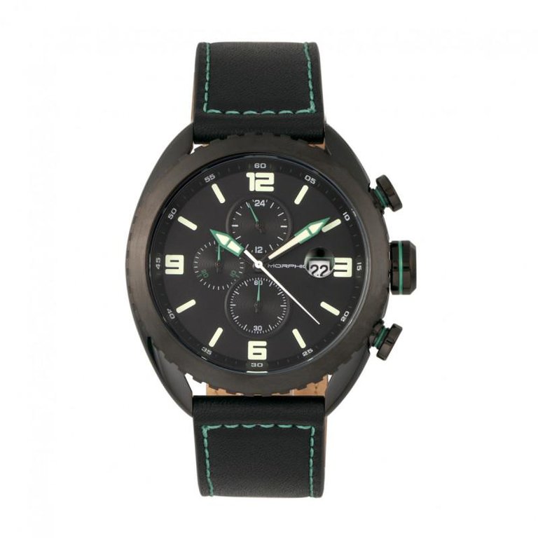 Morphic M64 Series Chronograph Leather-Band Watch w/ Date - Black/Green