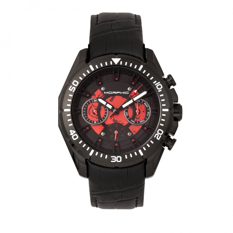 Morphic M66 Series Skeleton Dial Leather-Band Watch w/ Day/Date - Black