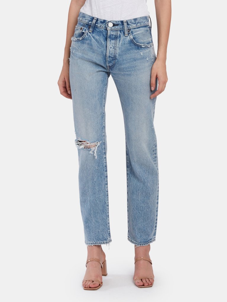 Hesperia Distressed Straight Leg Jeans - Light Blue