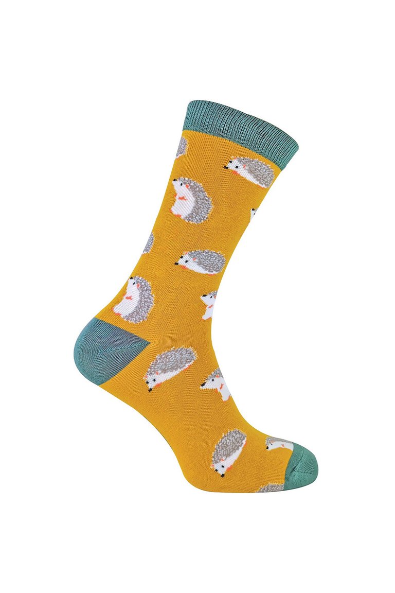 Mr Heron - Mens Animal Patterned Design Soft Bamboo Novelty Socks - Hedgehogs - Green