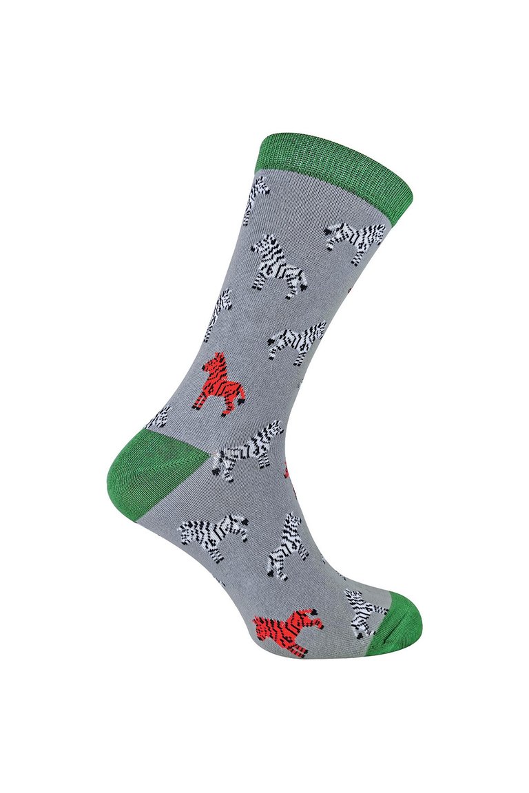 Mr Heron - Mens Animal Patterned Design Soft Bamboo Novelty Socks - Zebras - Grey