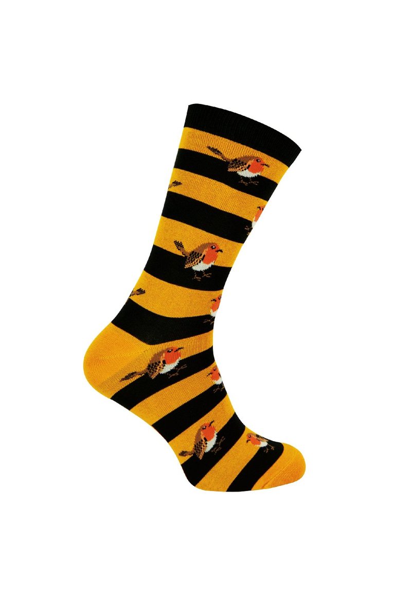 Mr Heron - Mens Animal Patterned Design Soft Bamboo Novelty Socks - Robins - Mustard
