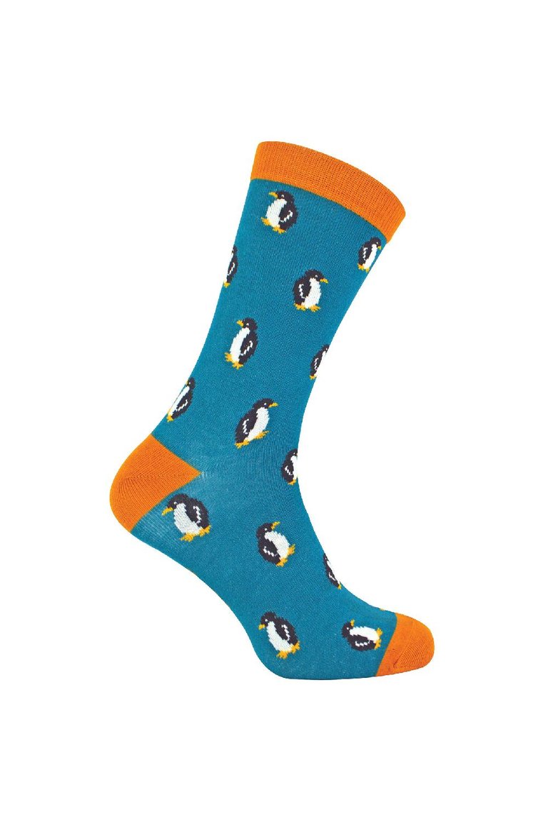 Mr Heron - Mens Animal Patterned Design Soft Bamboo Novelty Socks - Penguins - Teal