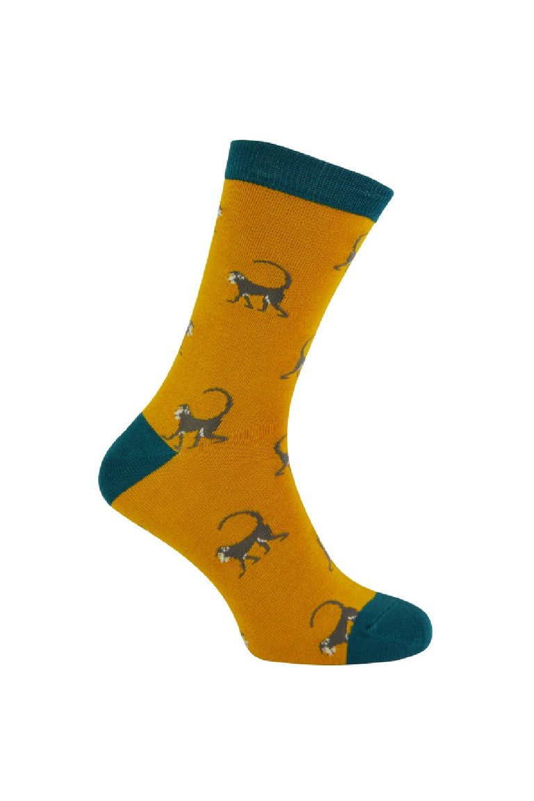 Mr Heron - Mens Animal Patterned Design Soft Bamboo Novelty Socks - Monkey - Mustard