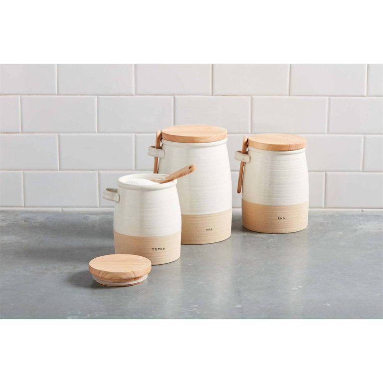 Stoneware Canister Set In White/Natural