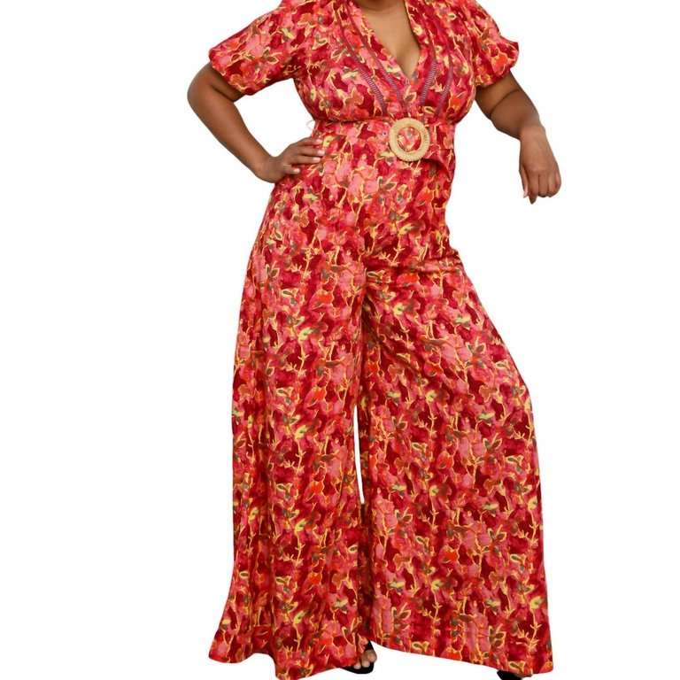 Floral Cotton Jumpsuit In Orange - Orange