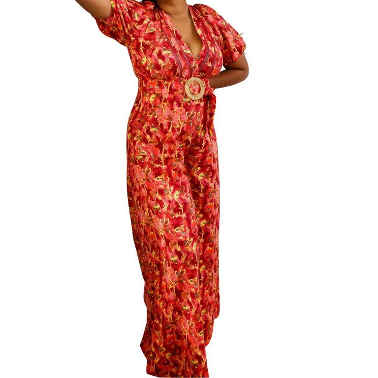 Floral Cotton Jumpsuit In Orange