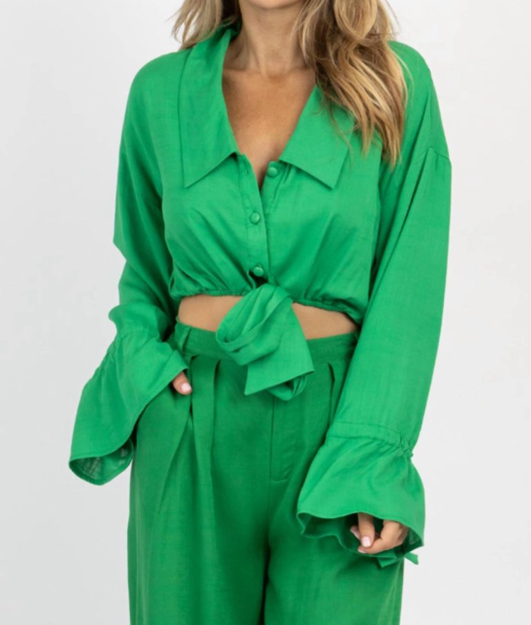 Fresh Linen Button Front Crop In Green