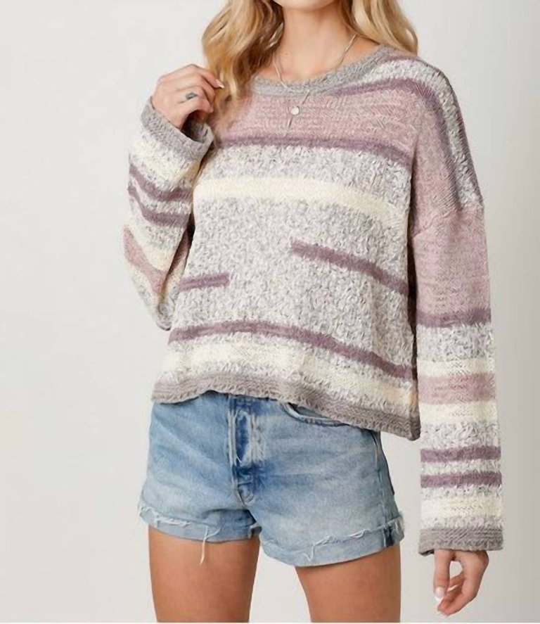 Arana Stripe Crop Spring Sweater In Lavender/Gray - Lavender/Gray