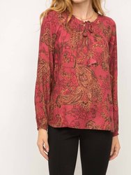 Smocked Neck Tassel Tie Peasant Blouse - Burgundy Paisley Print