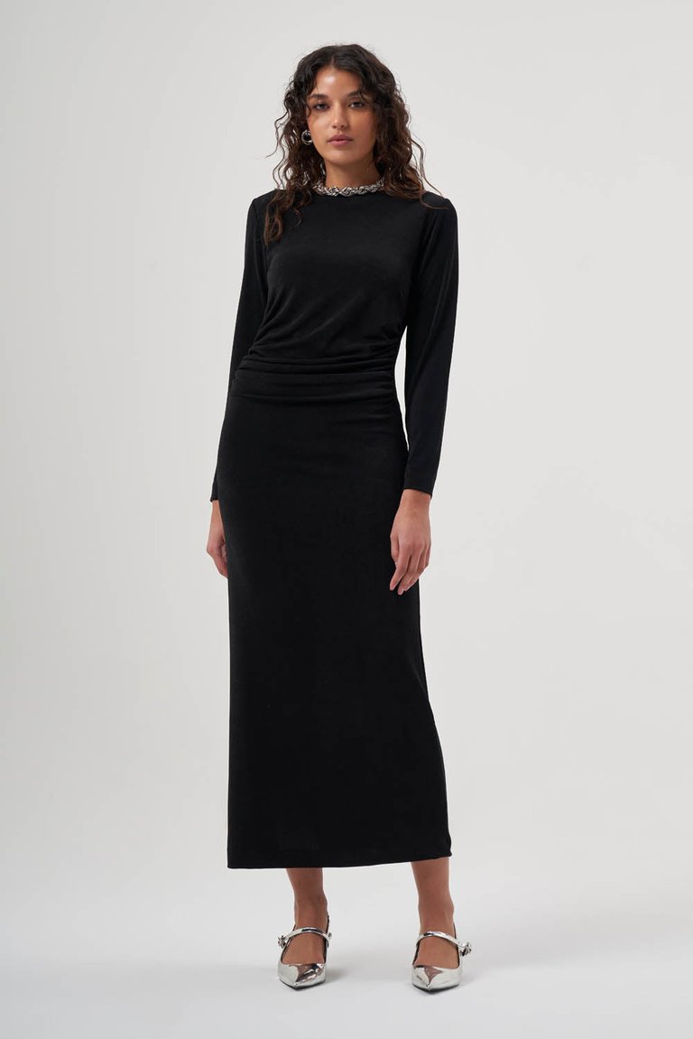 Long Sleeved Gathered Dress - Black