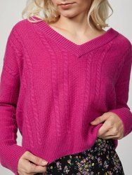 Cable Knit V-Neck Sweater - Fuchsia