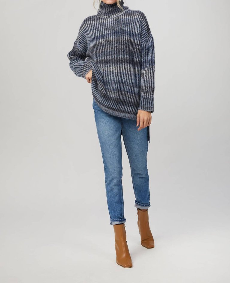 Mock Neck Tunic Pullover - Blue Combo