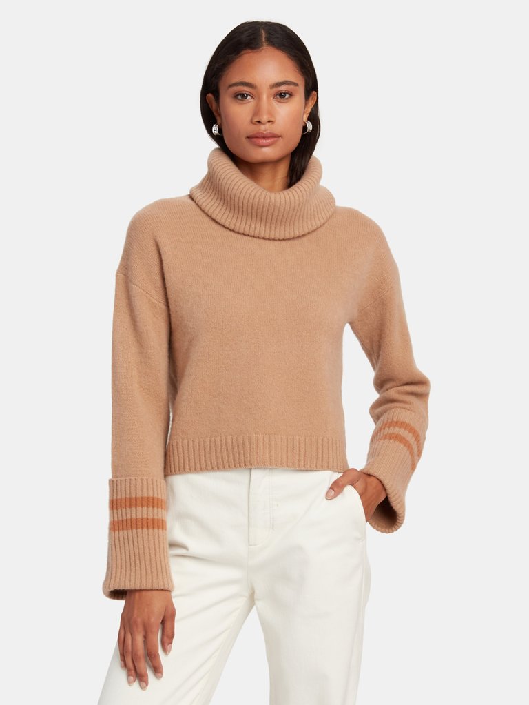 Oversized Turtleneck Striped Cropped Pullover - Camel & Dark Ginger