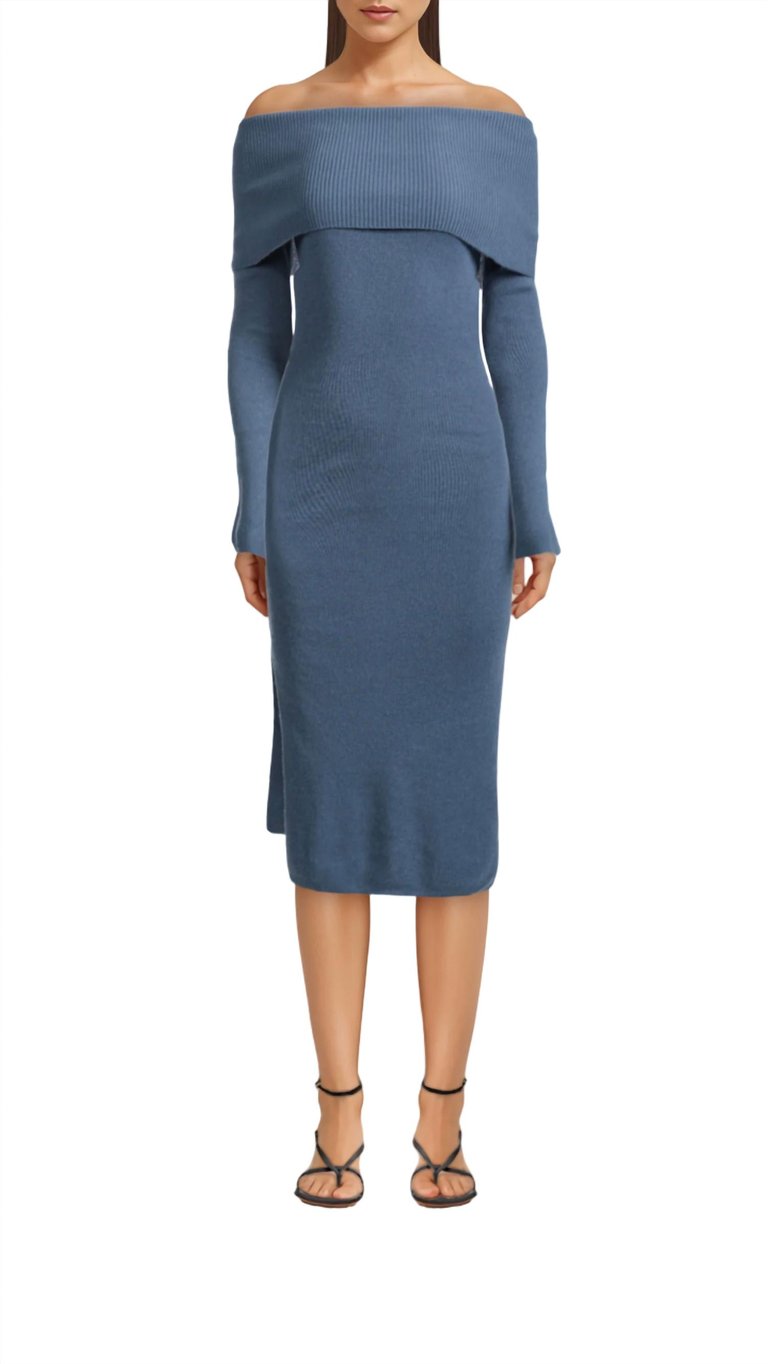 Wool Cashmere Off the Shoulder Dress - Slate Blue