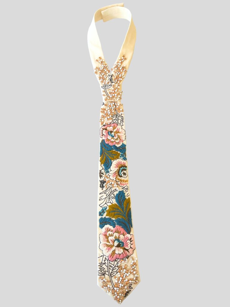 Floral Crystal Classic Necktie - Off-White Floral Embroidery
