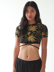 Alchemy Cropped Rash Guard Top - Black With Antique Gold Print
