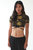 Alchemy Cropped Rash Guard Top - Black With Antique Gold Print