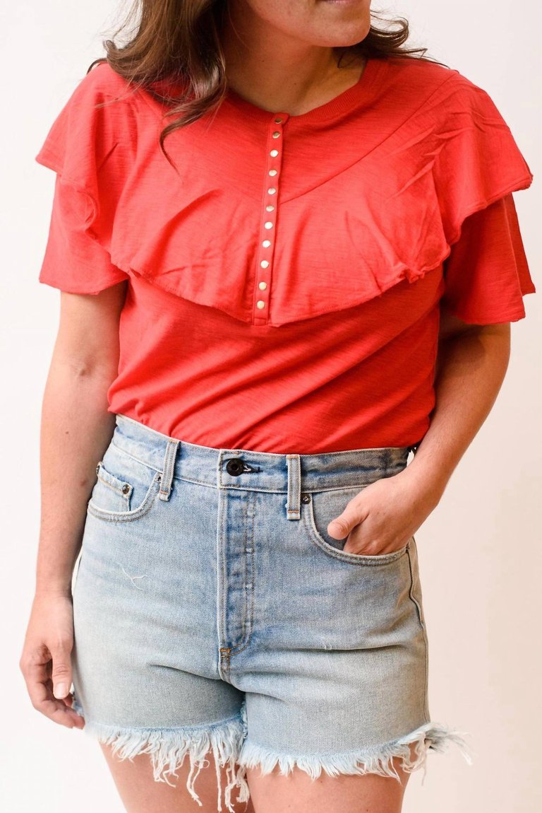 Vivienne Ruffled Henley In Red - Red