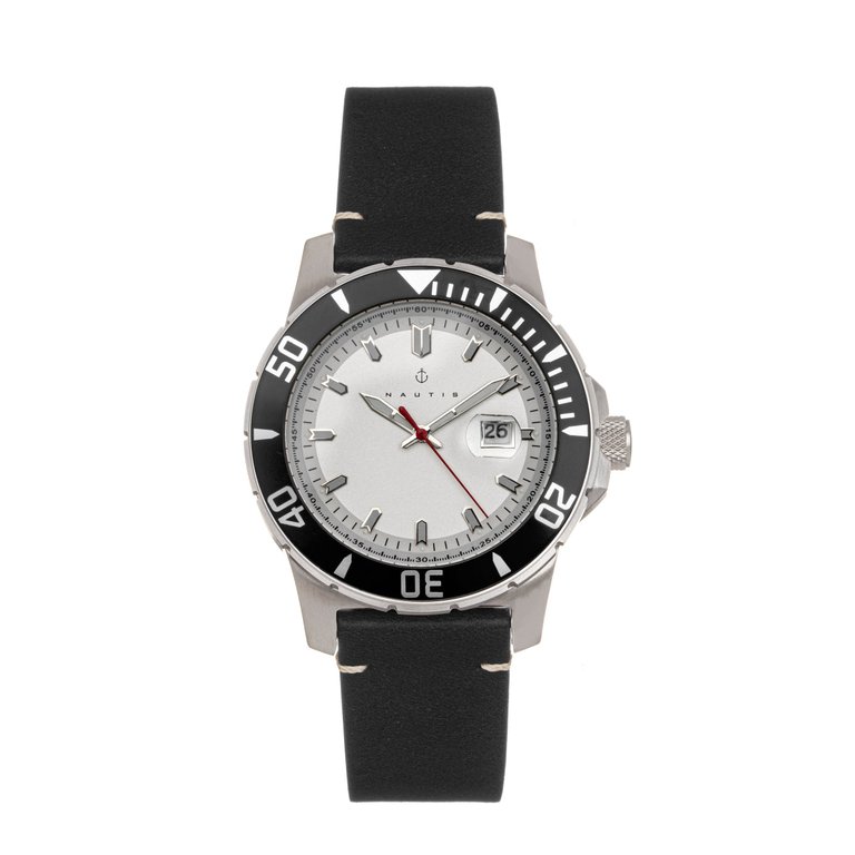 Nautis Diver Pro 200 Leather-Band Watch w/Date - Black/White