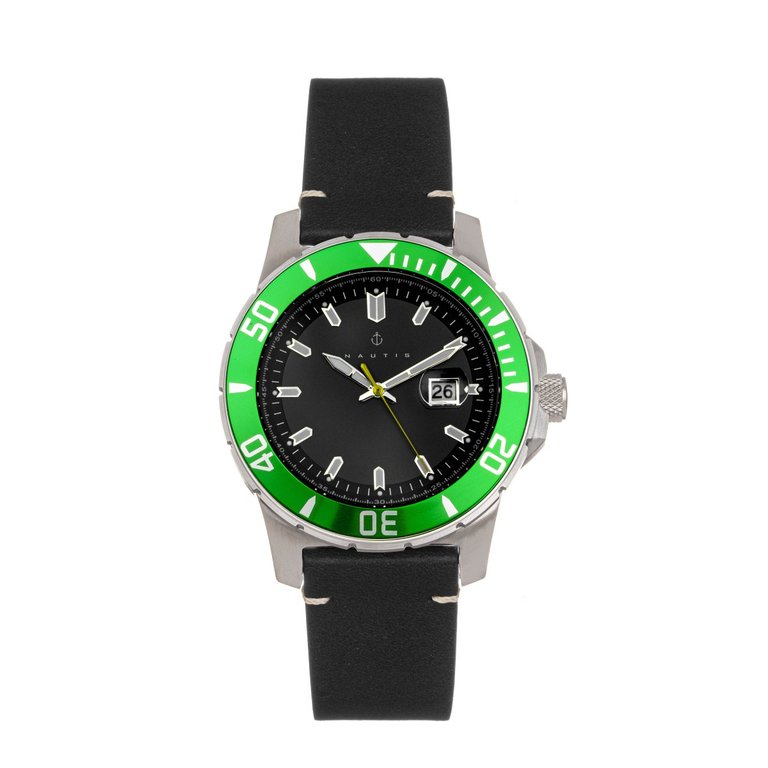 Nautis Diver Pro 200 Leather-Band Watch w/Date - Green/Black