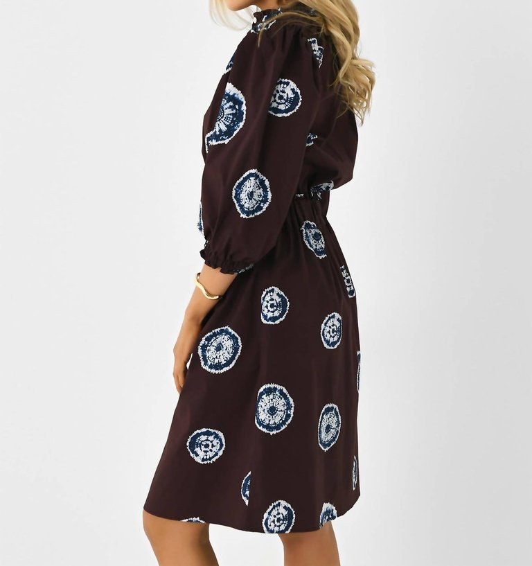 Elastic Collar Dress In Blue/brown Tie Dye