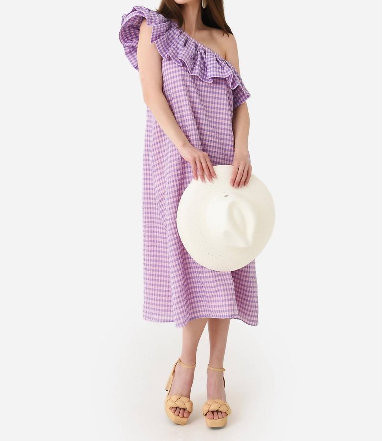 One-Shoulder Dress In Pink/Purple Check - Pink/Purple Check