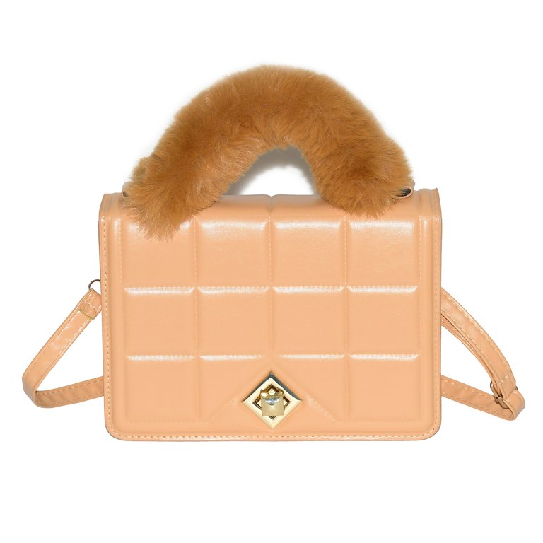 Ladies Handbag With Faux Fur Handle - Tan