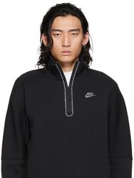 Men Solid Black Sportswear Half-Zip Stand Collar Sweatshirt - Black