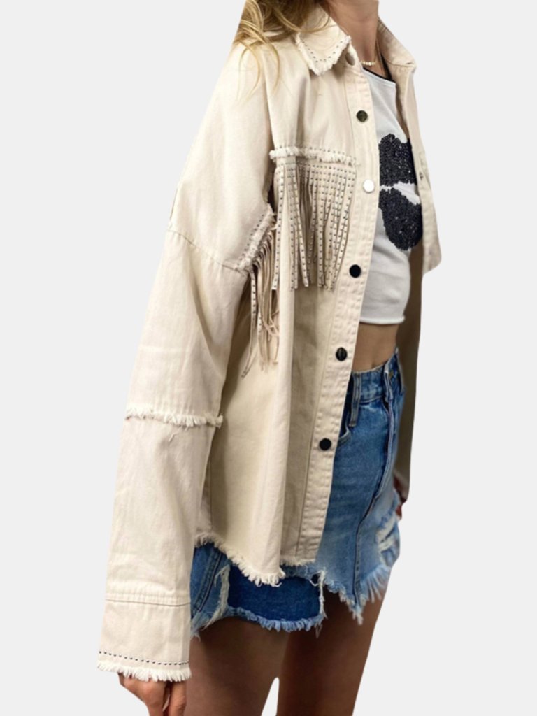 Janice Fringe Denim Jacket - Oatmeal