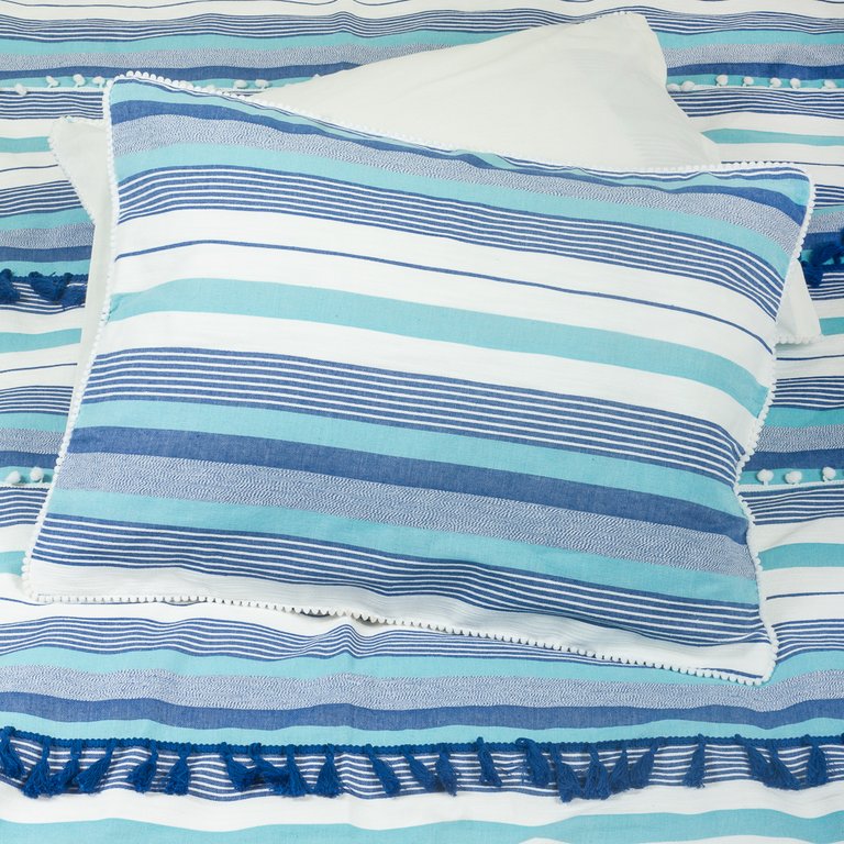 Kingham Contemporary Boho Blue Stripes Duvet Cover Set With Pillow Sham