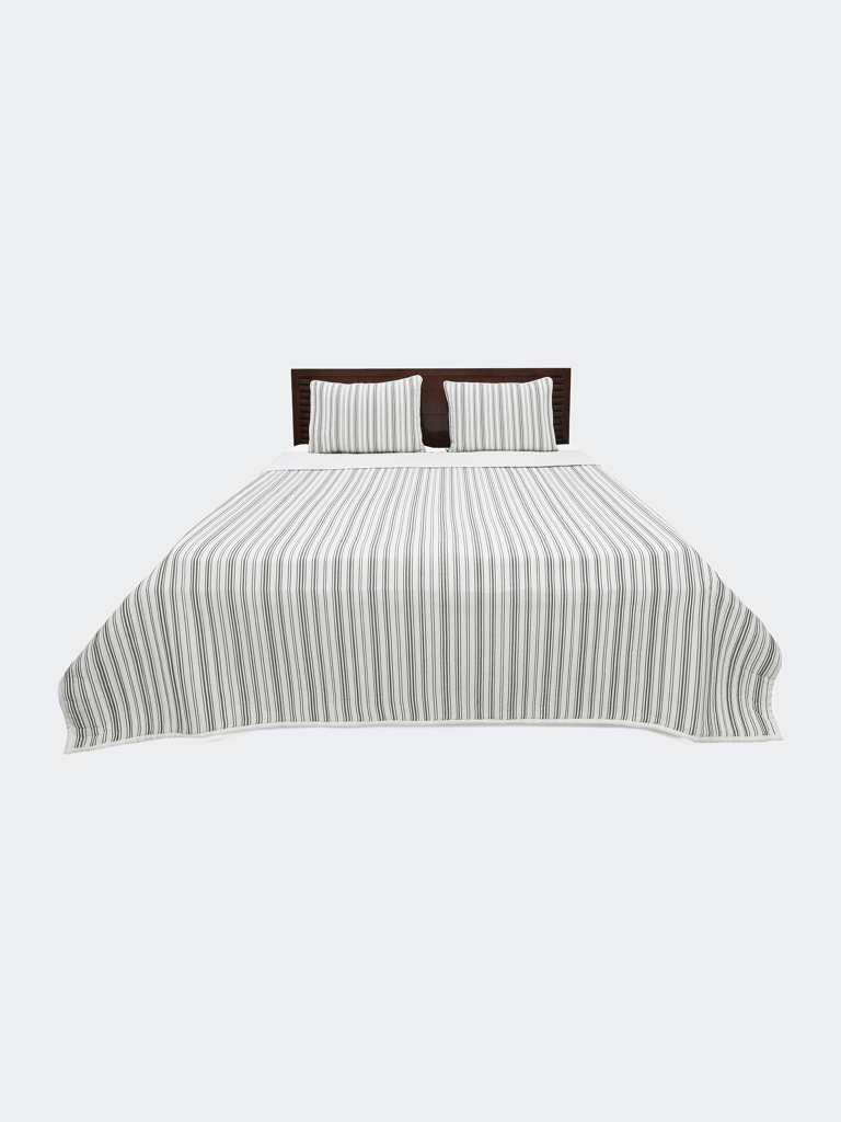 Ticking Stripe Ivory And Brown Cotton Queen Quilt Set - Ivory and Brown