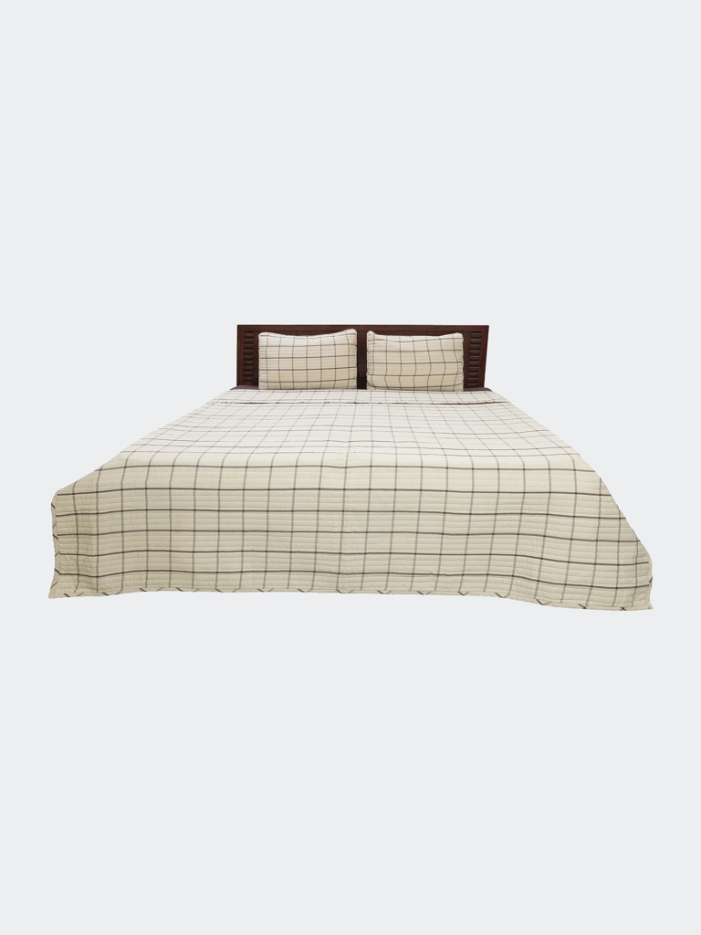 Windowpane Beige And Brown Cotton Coverlet Set - Beige And Brown