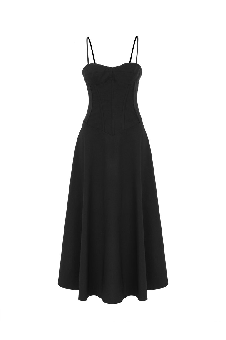 Corset Detailed Midi Dress - Black